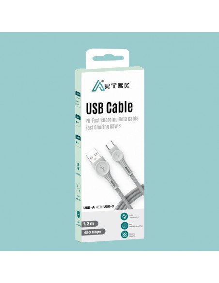 Cable USB-A Vers Type-C ARTEK PD-65W 1.2M - White