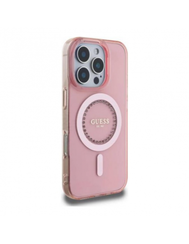 Coque Guess IML Strass avec Magsafe pour iPhone 16 Pro Max Rose