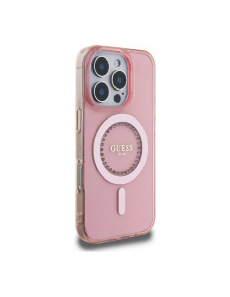 Coque Guess IML Strass avec Magsafe pour iPhone 16 Pro Max Rose