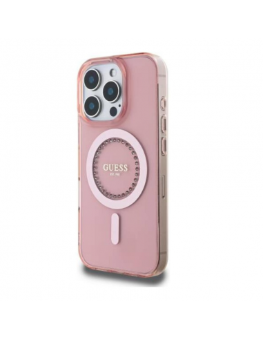 Coque Guess IML Strass avec Magsafe pour iPhone 16 Pro Max Rose