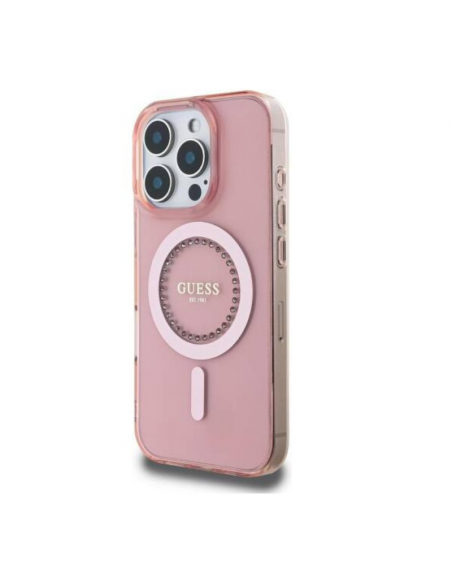 Coque Guess IML Strass avec Magsafe pour iPhone 16 Pro Max Rose