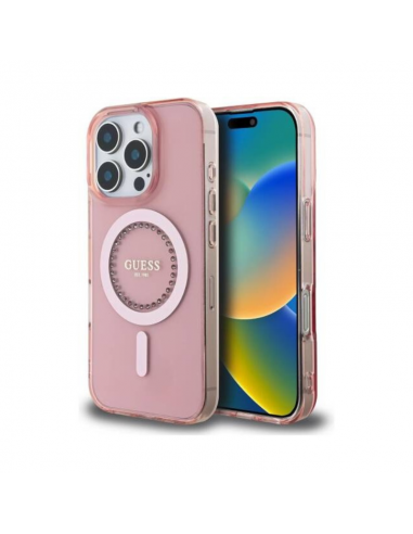 Coque Guess IML Strass avec Magsafe pour iPhone 16 Pro Max-Rose