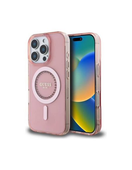 Coque Guess IML Strass avec Magsafe pour iPhone 16 Pro Max Rose