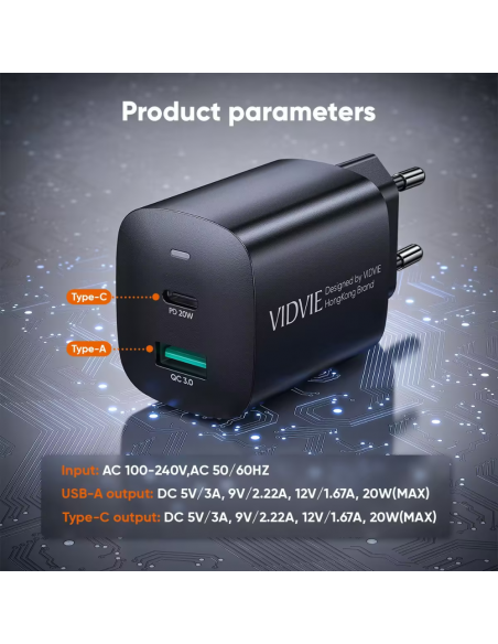Chargeur Type-C VIDVIE Avec Cable Type-C 20W Fast Charging