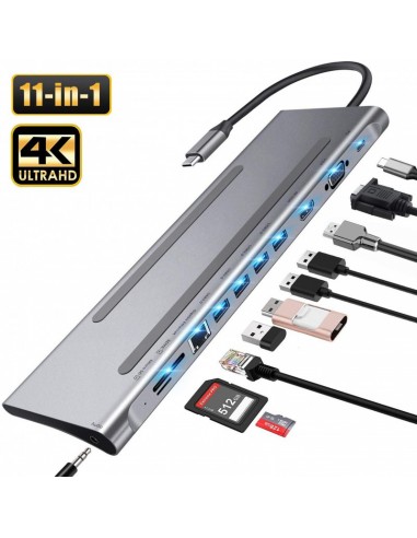 Dock Adaptateur USB-C T'nB 11 en 1 Aluminum - HDMI - Ethernet - SD - RJ45 - Audio