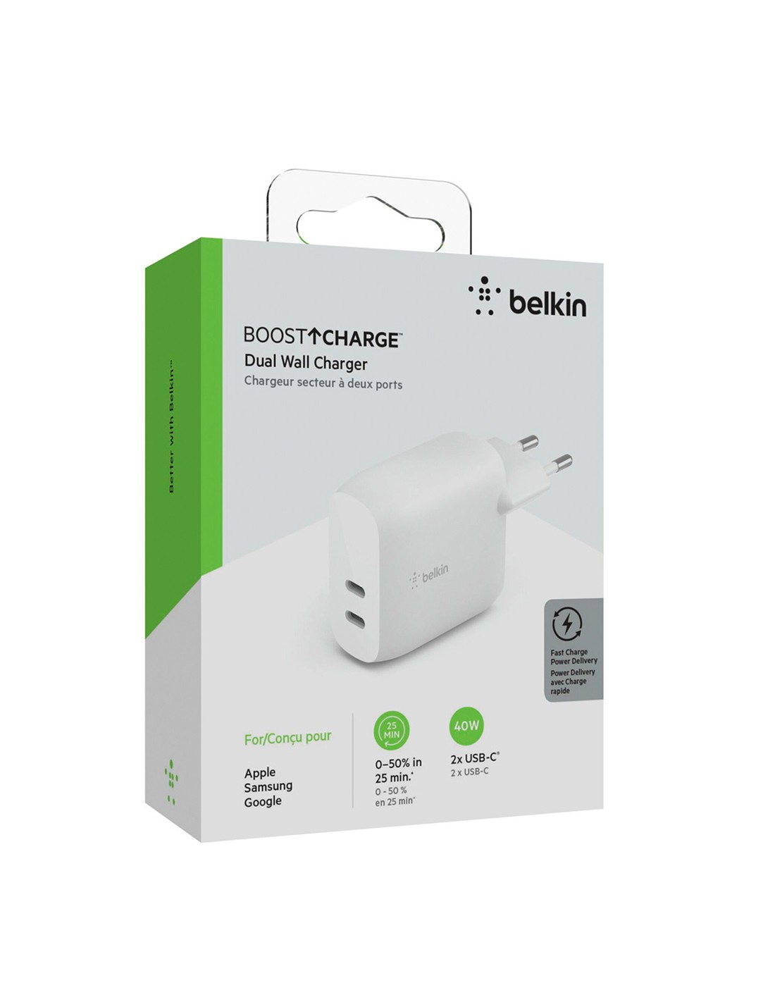 Chargeur Rapide Secteur Belkin 40W (2*USB-C) - Blanc