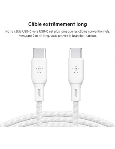 Câble USB-C Vers USB-C Belkin 100W 2M - Blanc