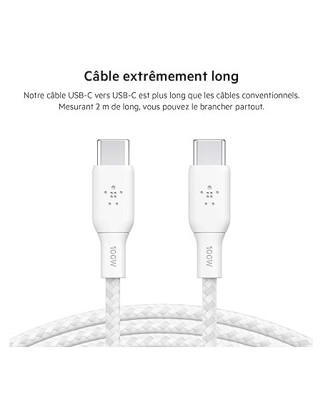 Câble USB-C Vers USB-C Belkin 100W 2M - Blanc