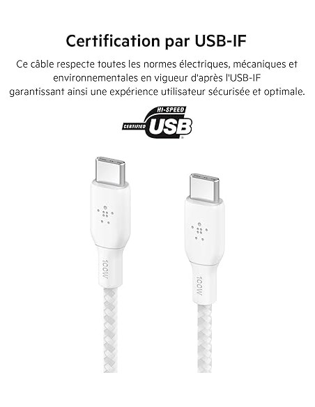 Câble USB-C Vers USB-C Belkin 100W 2M - Blanc